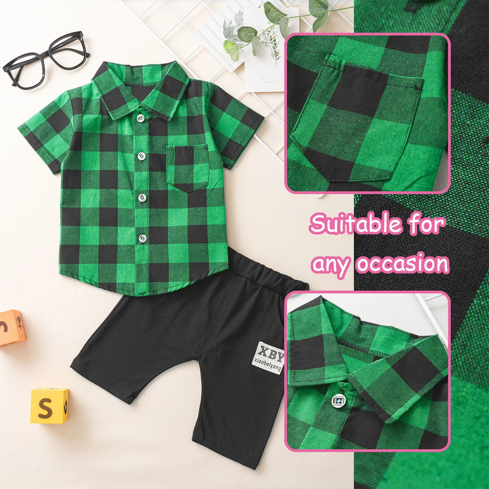 Baby Boys Casual Clothes Set Short Sleeve Turndown Collar Grid Print Button Closure Top with Elastic Waistband Shorts