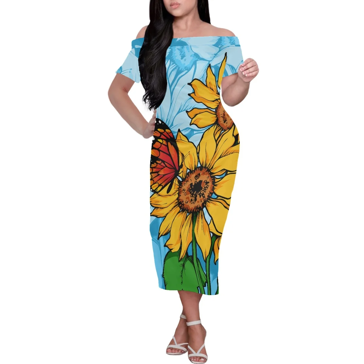 

HYCOOL-Women's Unique Polynesian Tribal Blue Sunflower Print Casual Slash Neck Short Sleeves Party Dress, Elegant Luxury, 2023