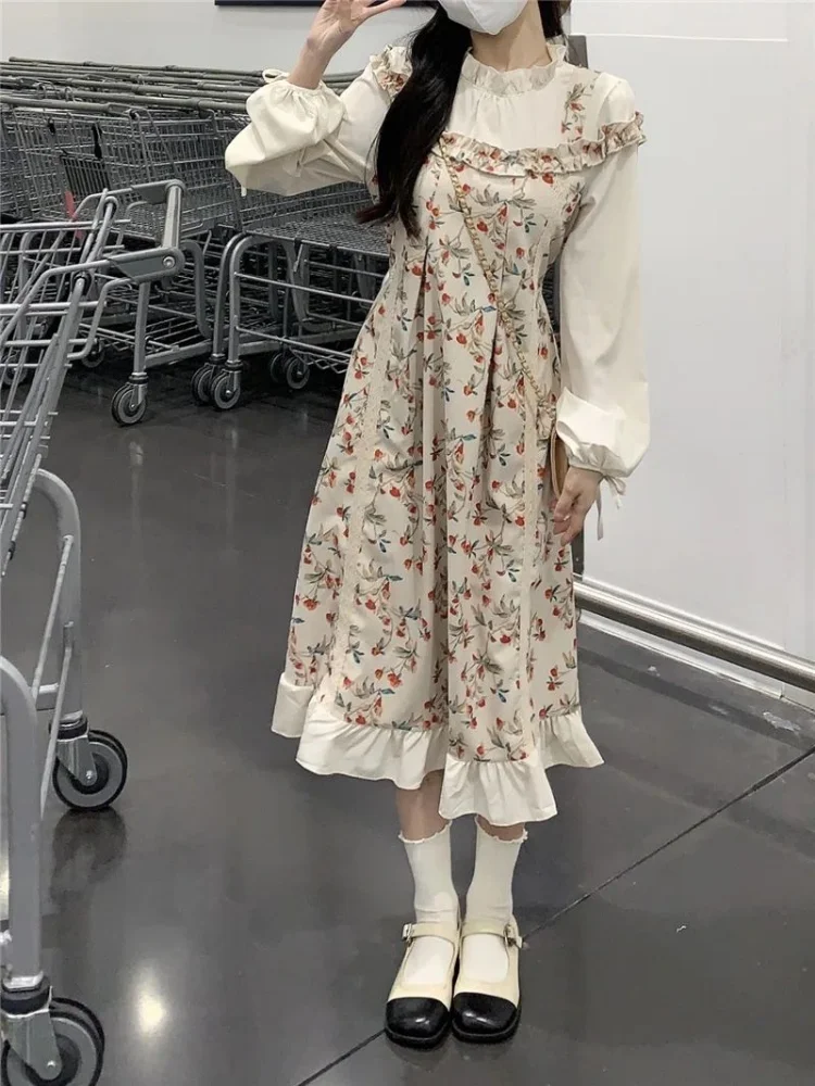 

Deeptown Korean Fashion Floral Print Midi Dress Women Lolita Sweet Bow Ruched Patchwork Long Sleeve Fairycore Dresses Female