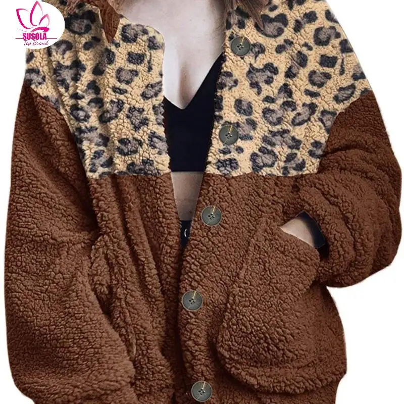 

Women's Leopard Coat Casual Lapel Fleece Faux Shearling Button Oversized Outwear Jackets Outwear Streewear Leopard Tops Coat