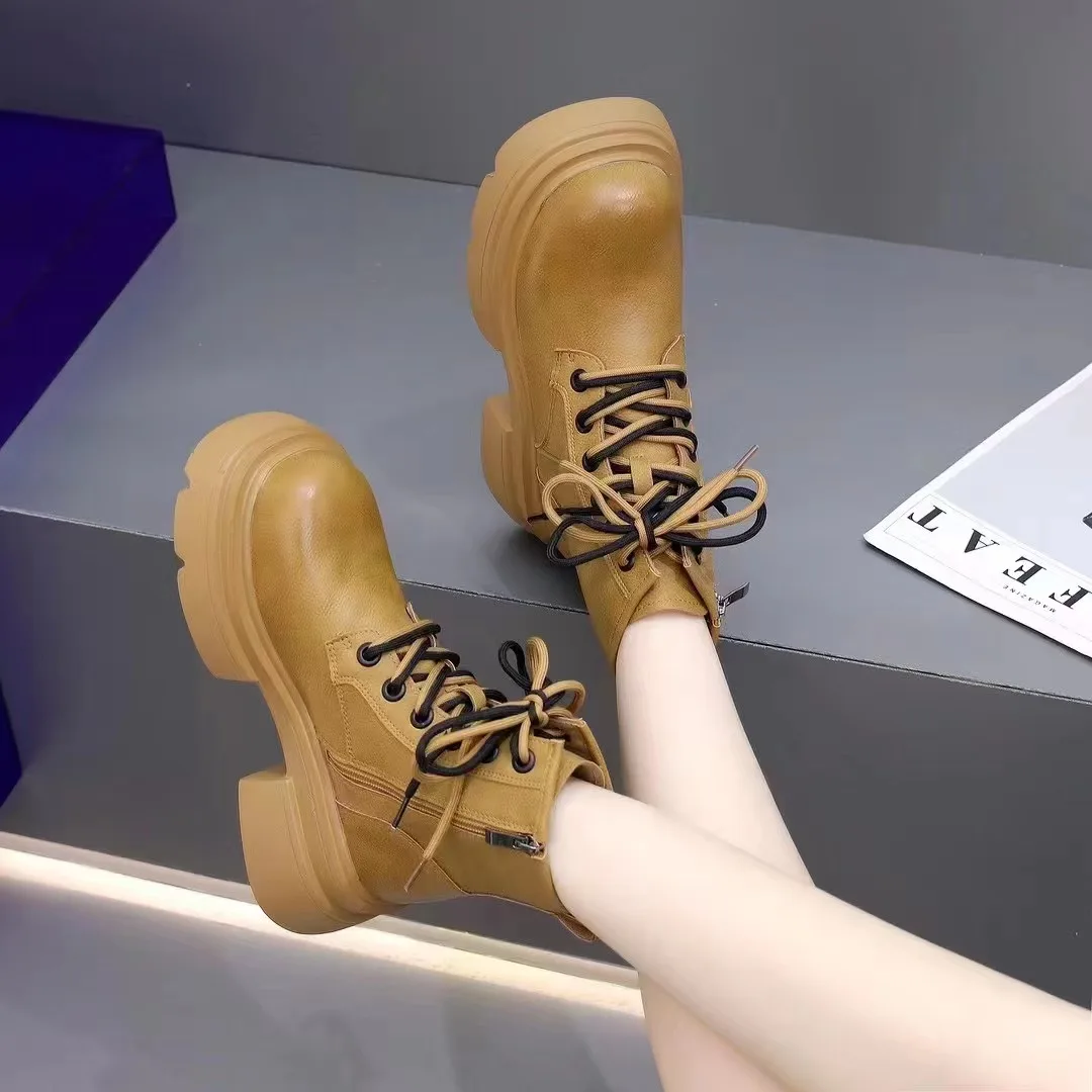 

Женские сапоги на среднем каблуке, кожаные сапоги с круглым носком, на платформе, со шнуровкой, В Стиле Лолита, для зимы, 2023