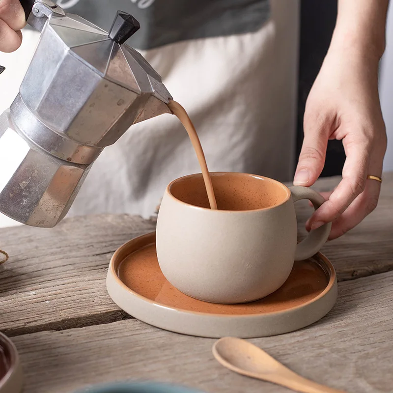 

Japanese style Ceramic Mug with Saucer Latte Coffee Cup Coffeeware Creative Porcelain Mug Coarse Pottery Office Tea Mugs