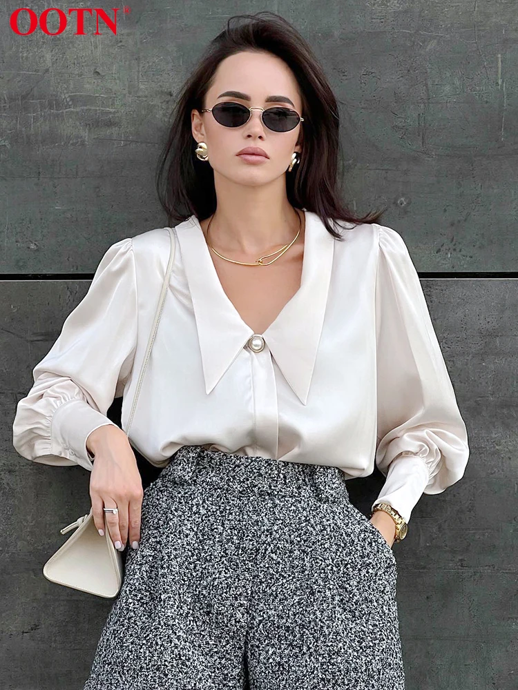 

Элегантная атласная Женская блузка OOTN бежевого и зеленого цвета, 2022, v-образный вырез, винтажные осенние шелковые рубашки, офисные женские о...