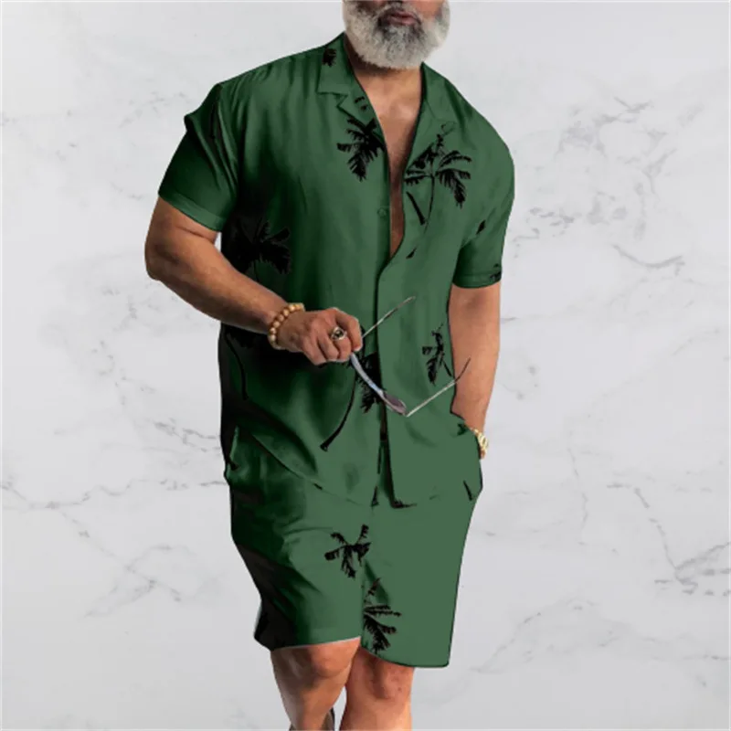 Summer Beach Wear Clothes Men Hawaiian Shirt Set 2 Piece Outfit Button Up Shirts Coconut Tree Printed Button Up TShirts Vacation