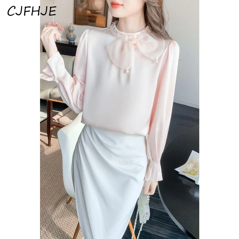 CJFHJE Женская однотонная шифоновая рубашка с вышивкой бисером и бантом на весну