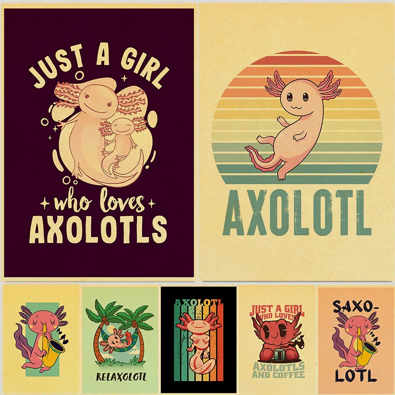 

Cute Axolotl Posters Retro Cartoons Wall Prints and Painting Kids Boys Birthday Gift Room Decor Nursery Wall Poster Home Decor