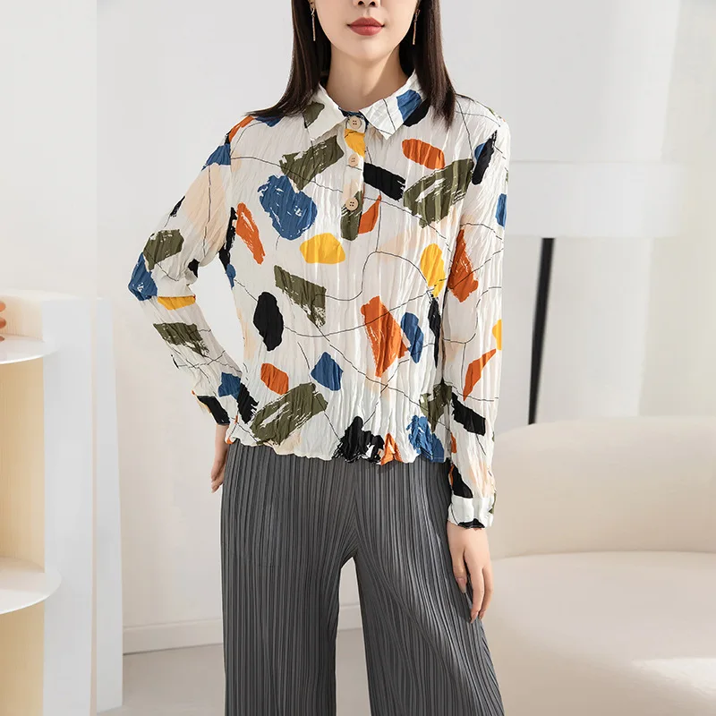 

Miyake Shirt for Women 2022 Spring and Autumn New Long Sleeve Printed Casual Loose Pleated Design Sense Niche Top Women