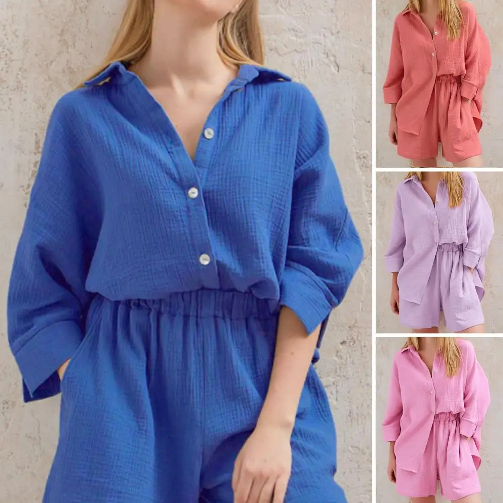 

Cotton Pajamas For Women Sets Suit Casual Sleepwear Turn-Down Collar Nine Quarter Sleeve Sleep Tops Shorts Female Homewear 2023