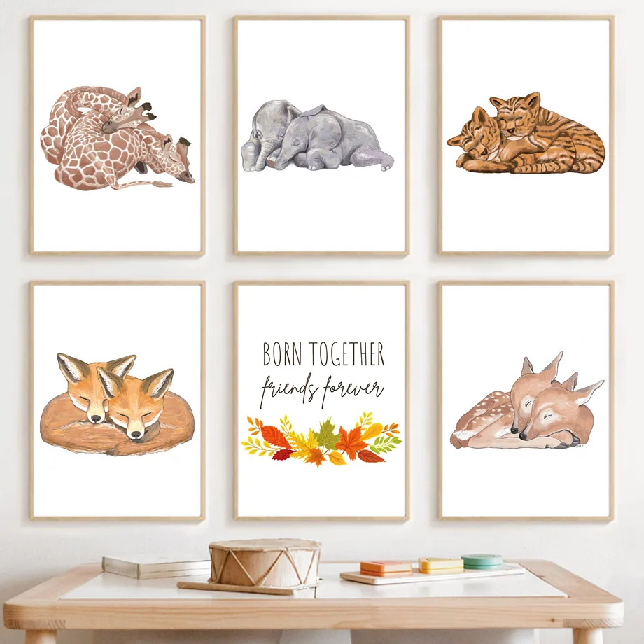 

Twins Forest Animal Elephant Deer Fox Tiger Bear Wall Art Print Canvas Painting Nordic Poster Wall Pictures Baby Kids Room Decor