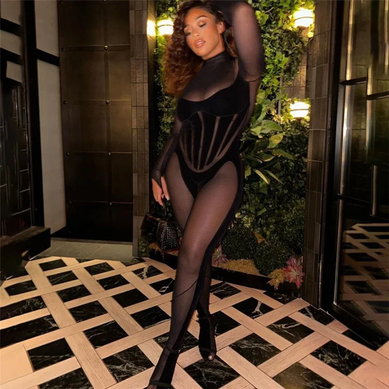 

Zoctuo Women Sexy Long Sleeve Mesh See Through Bodycon Black Jumpsuit Overalls 2022 Fall Clothing Wholesale Items For Business