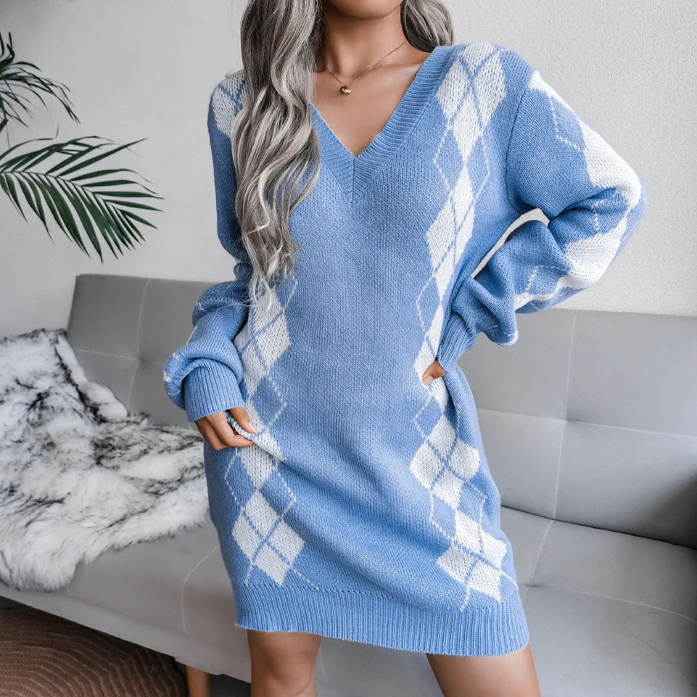 

2022 Autumn Women's Fashion Rhombic Knitted Woolen New Sexy V-neck Knitted Dress