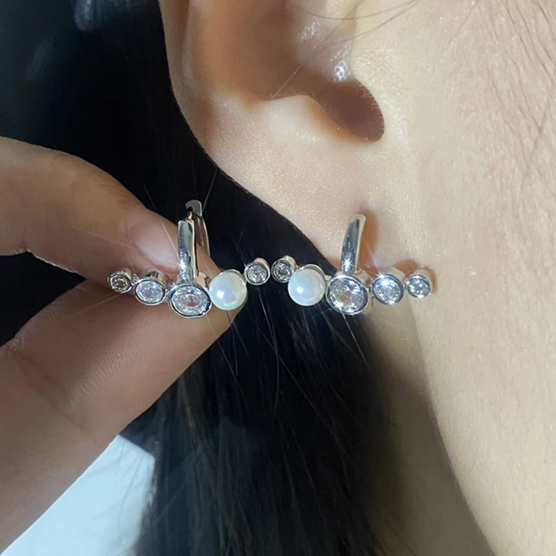 

UILZ Korean Smile Zircon Pearl Hoop Earrings for Women Elegant Green Crystal Party Earring Anniversary Wedding Jewelry Wholesale