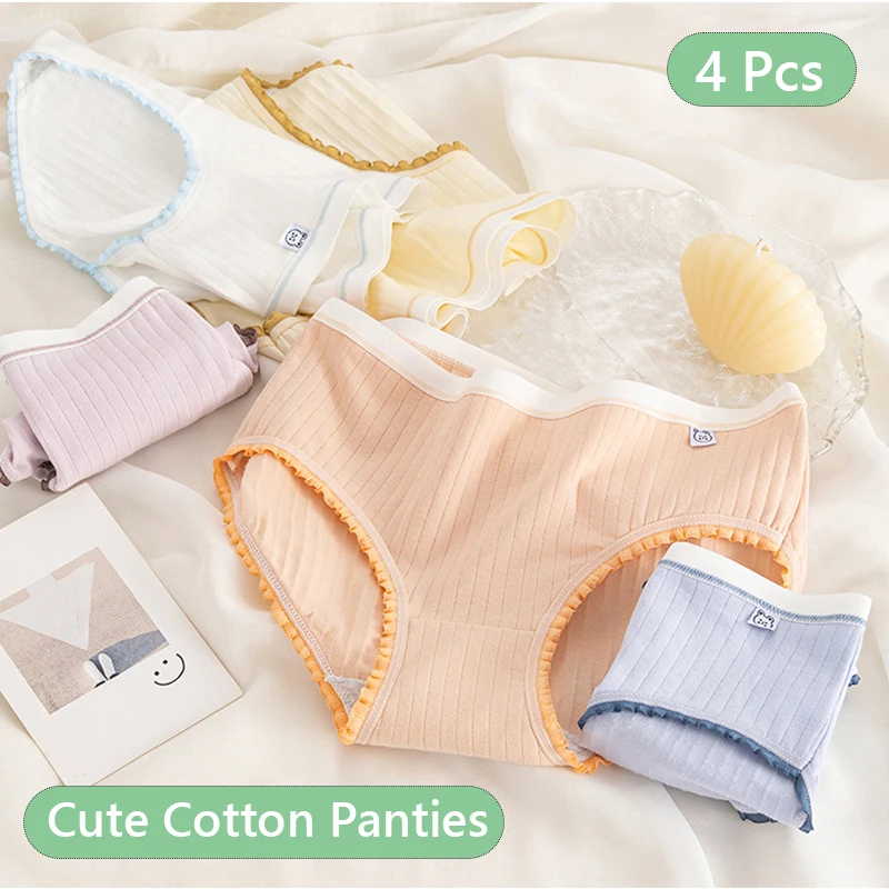 

Simple Solid Color Cotton Panties 4Pcs/Set Female Mid-Waist Large Size Cute Comfortable Students Teenage Girls Triangle Pants