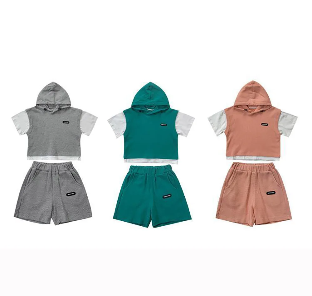 Children Clothing Sets Boys Clothes Short Sleeve Hooded Shirt+short Kid Clothes Fake 2Pcs Suit Cotton 2022Summer Baby Boy Outfit