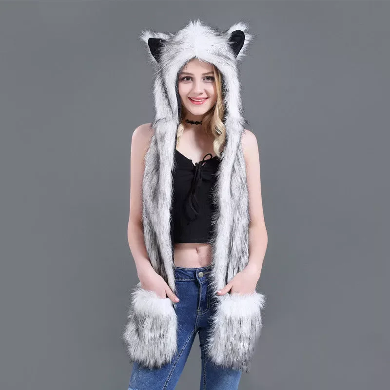 Styles Faux Fur Hood Animal Hat Ear Flaps Hand Pockets 3 in1 Animal Hat Wolf Plush Warm Earmuff Animal Cap with Scarf Gloves