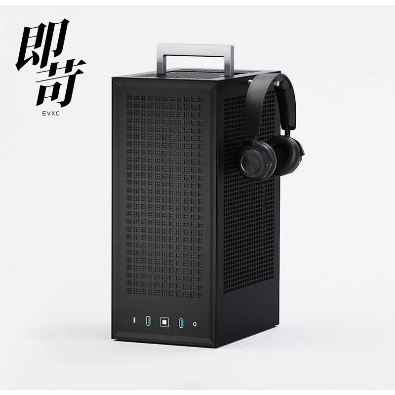 Фото Маленький корпус HYTE ITX Revolt 3, удобная ручка, быстроразъемная конструкция, металлическая сетка №2