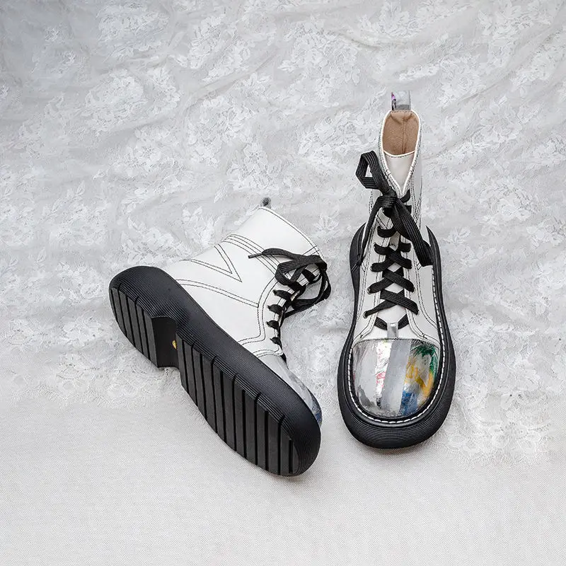 Ankle Boots Leather Women Flat Platform Short Booties Fashion Pu Leather Female Autumn Winter Boots Platform Shoes