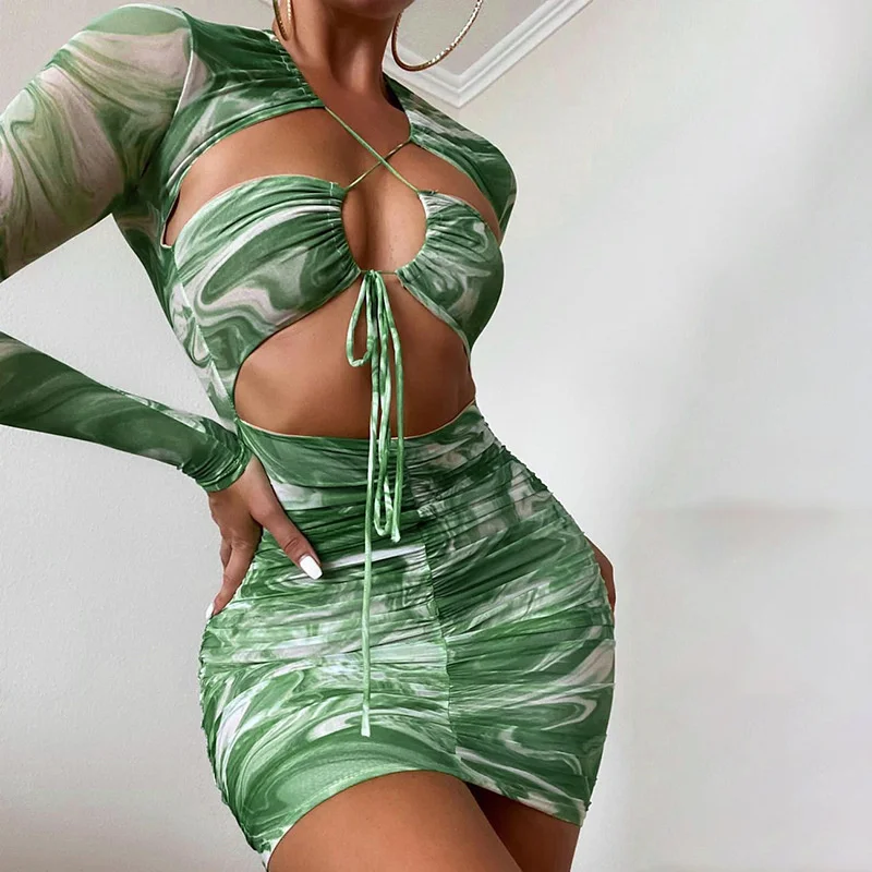 

Green Print Lace Up Sexy Dress Women 2022 Pleat Robes Hollow Party Dresses Elegant Mini Autumn Dress dresses for women