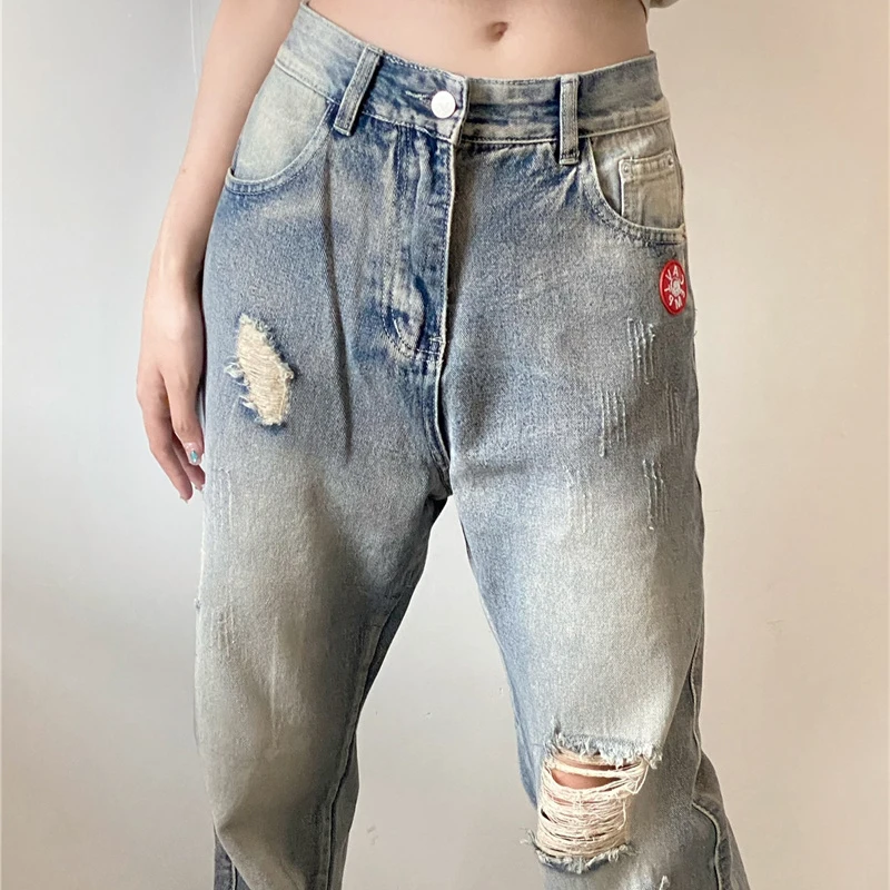 2022 CAVEMPT Vintage Jeans Washed Holes High Street Loose Zipper Casual Denim Long