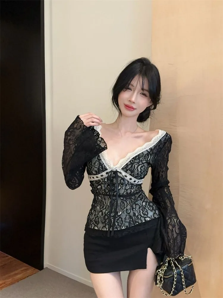 Y2k Сексуальные блузки для женщин Blusas De Mujer 2024 кружевные лоскутные рубашки с