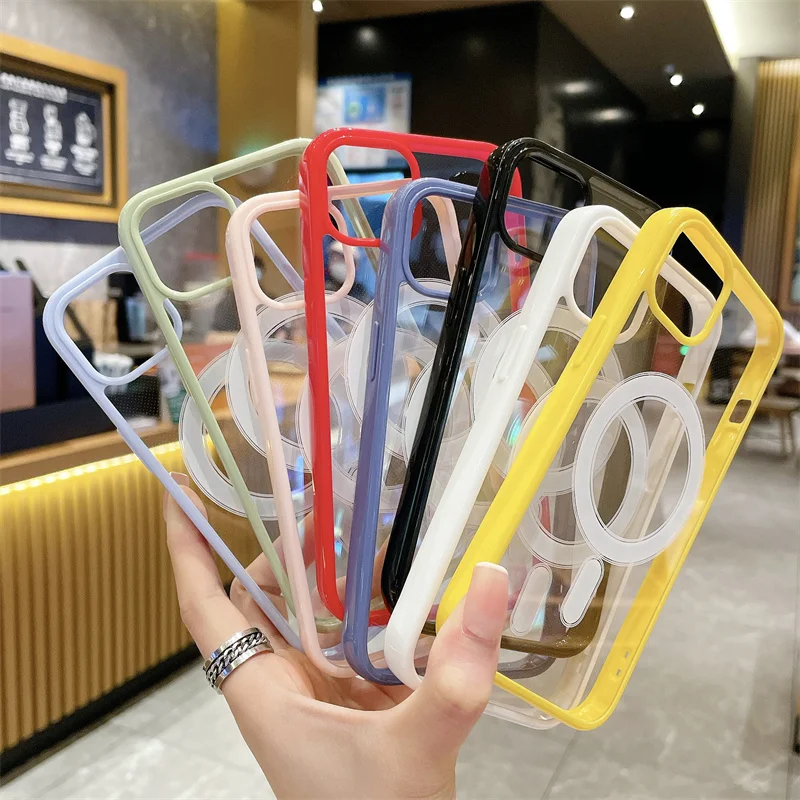Clear Candy Color For Magsafe Magnetic Wireless Charging Case For iPhone 14 13 12 11 Pro Max Mini X XR 7 8 Plus SE Hard PC Cover