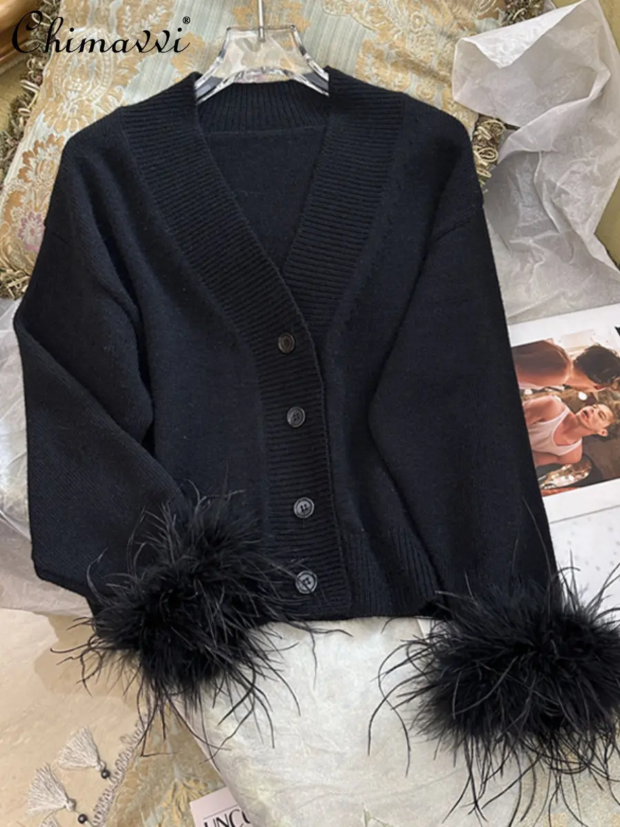 

Autumn Winter New V-neck Long Sleeve Sweater Coat High-End Fashion Ostrich Feather Black All-Match Slim-fit Knitted Cardigan