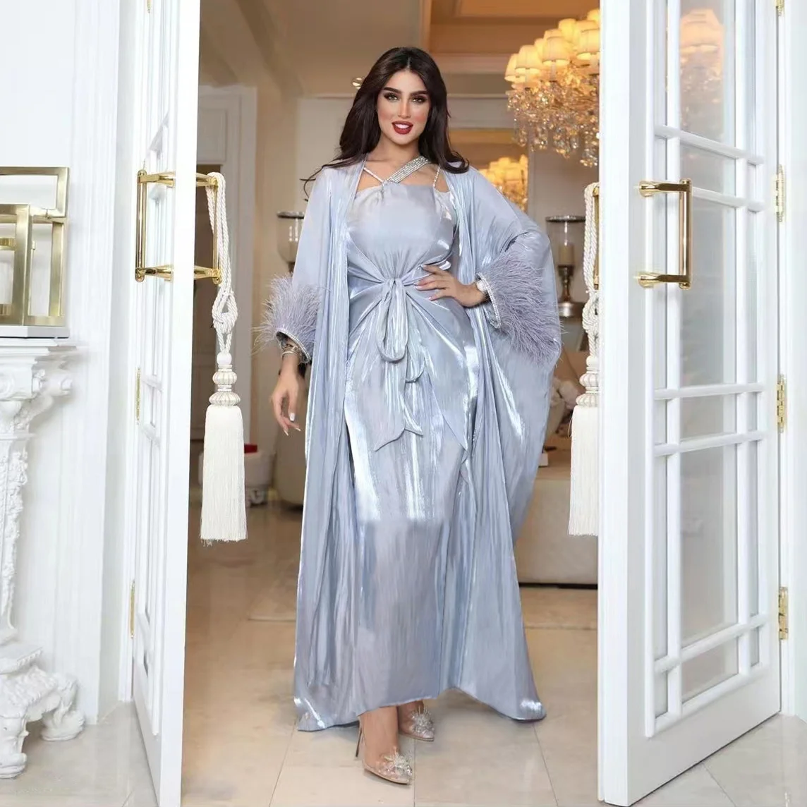 Ladies Muslim Robe Suit Casual Home Party 2022 New Muslim Women Feather Diamond Three Piece Dress