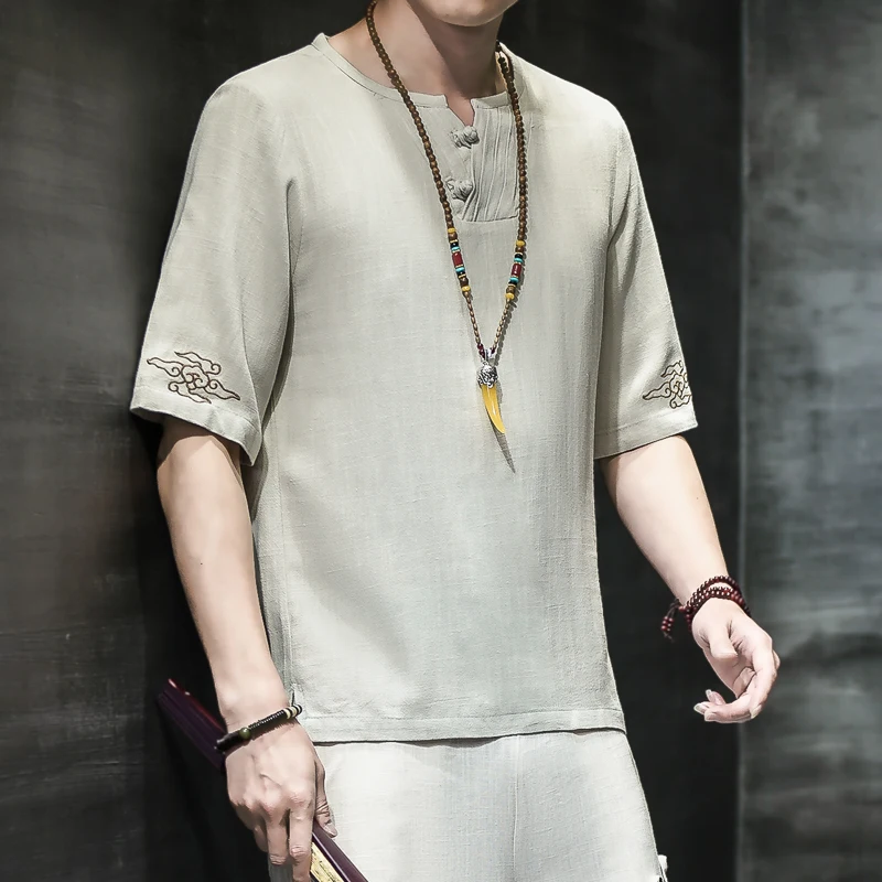 

Summer Chinese Style Cotton and Linen Embroidery Large Size T-shirt Men's Loose Short-sleeved Fashion Tops Hanfu Clothes