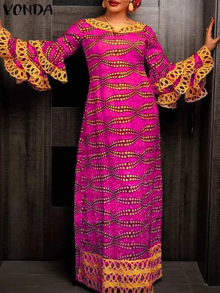 

Женский кафтан VONDA, Осеннее богемное платье с оборками, сарафан с длинным рукавом и винтажным принтом, повседневное свободное Макси-платье, ...