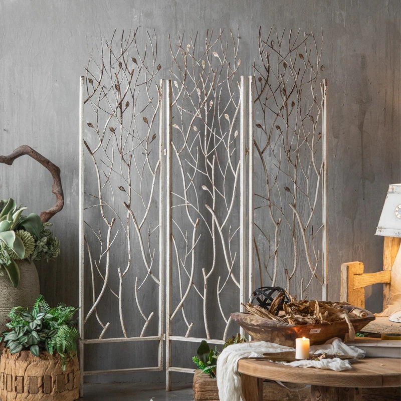 

Wrought iron retro distressed ornaments hall foldable creative B&B entrance partition Simple leisure living room screen