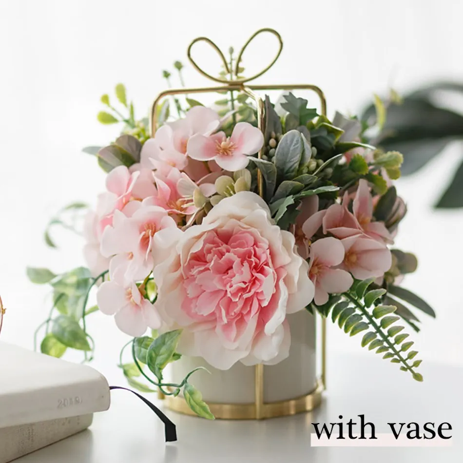 

Wedding Fake Flower Pink Rose Hydrangea Peony Mixed Bonsai Potted Garden Home Decoration Ceramic Golden Vase Artificial Flowers