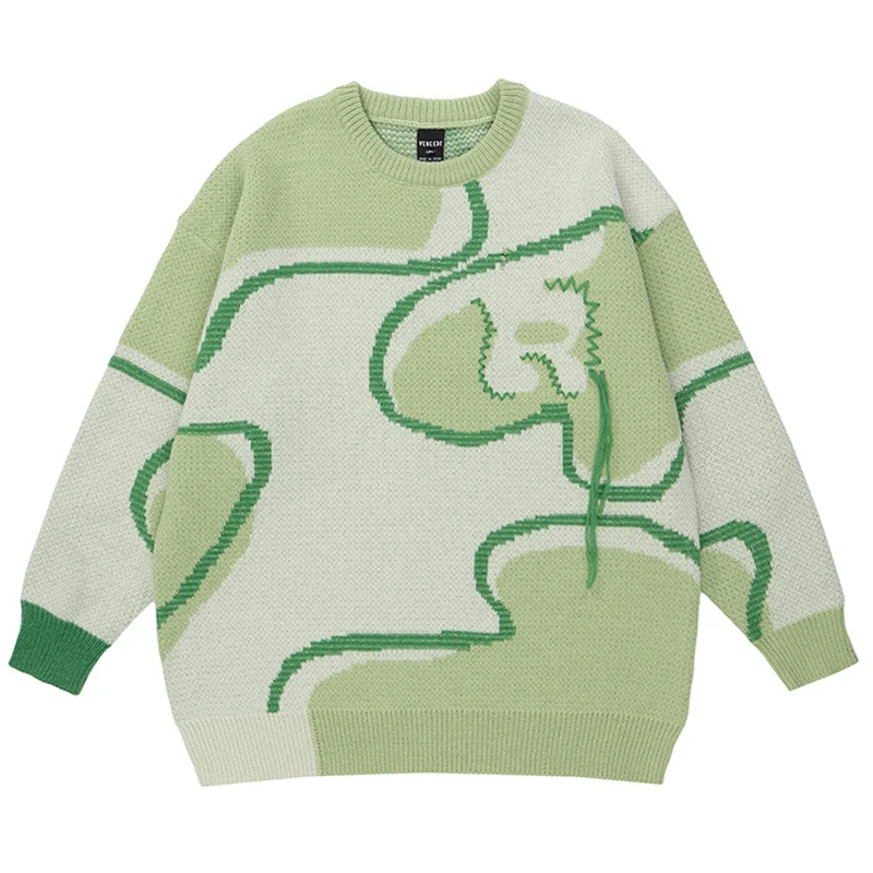 

Свитер мужской с круглым вырезом, модный Свободный пуловер контрастных цветов в стиле Харадзюку, уличный удобный трикотажный в стиле хип-хоп, в стиле унисекс