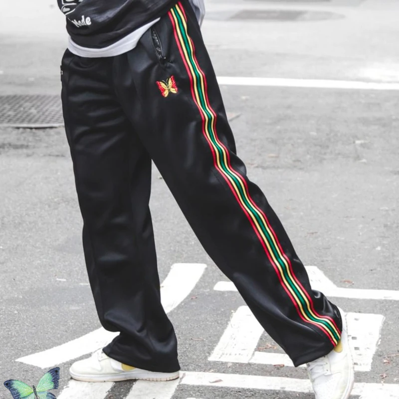 

Side Webbing Casual Men Women Pants Zip Pocket Khaki Straight Trousers AWGE Needles Butterfly Embroidery Sweatpants