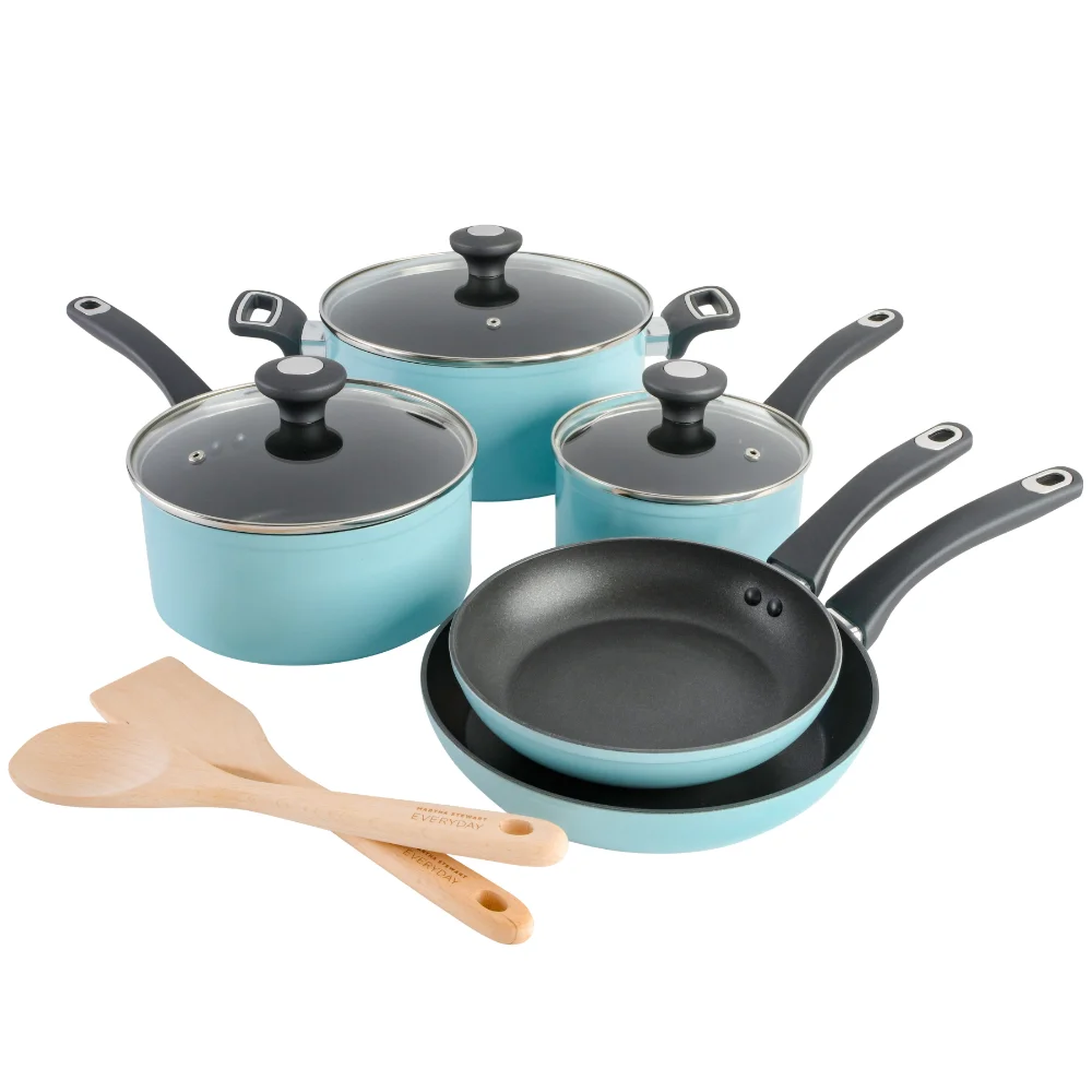 

Martha Stewart Everyday Hearne 10-Piece Dusty Blue Enamel Aluminum Cookware Set Pots and Pans Set Cooking Pot Set