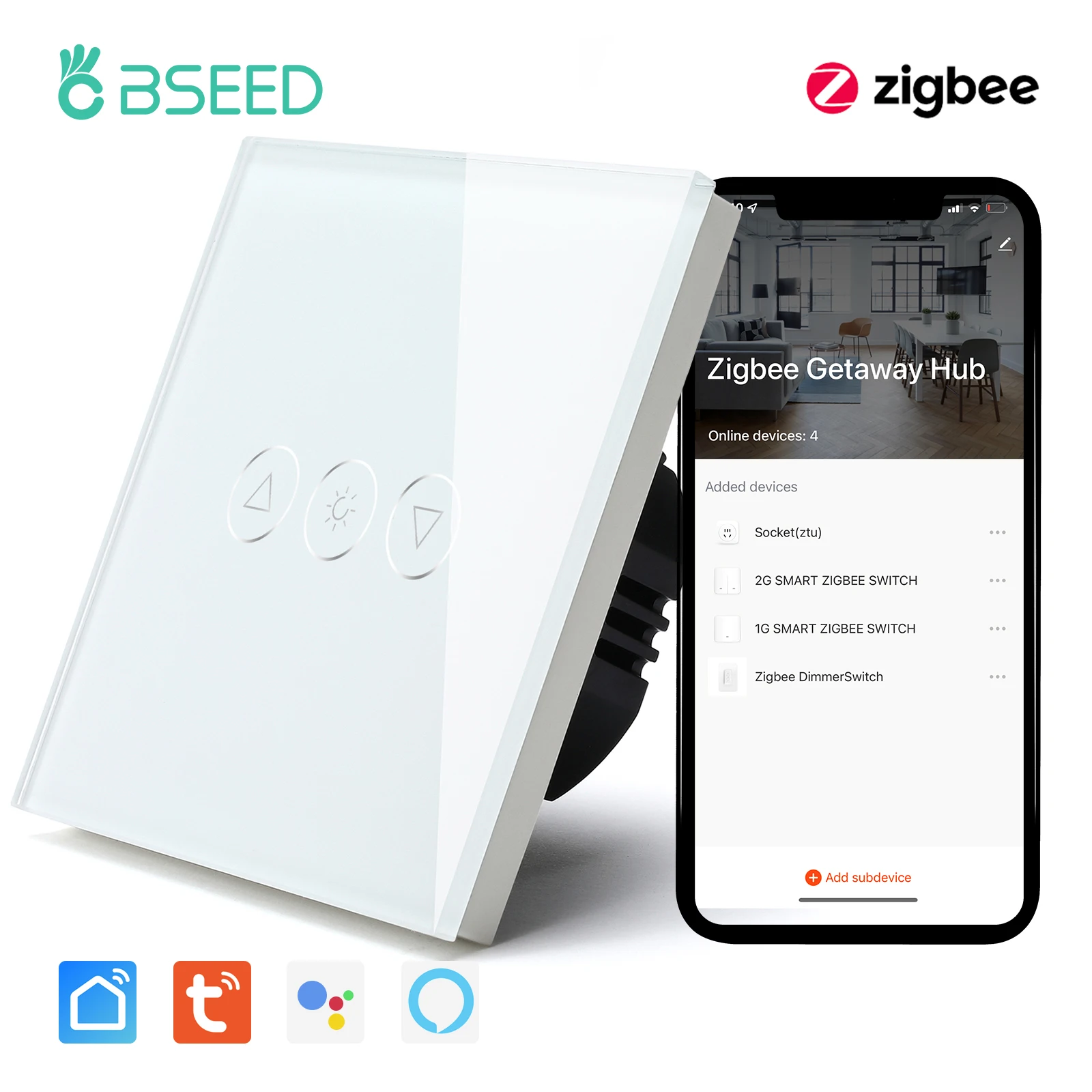 BSEED Zigbee Dimmer 1Gang1Way LED Dimmer Switch Touch Smart Wall Switch Tuya Smart Life App Control Wire Crystal Glass