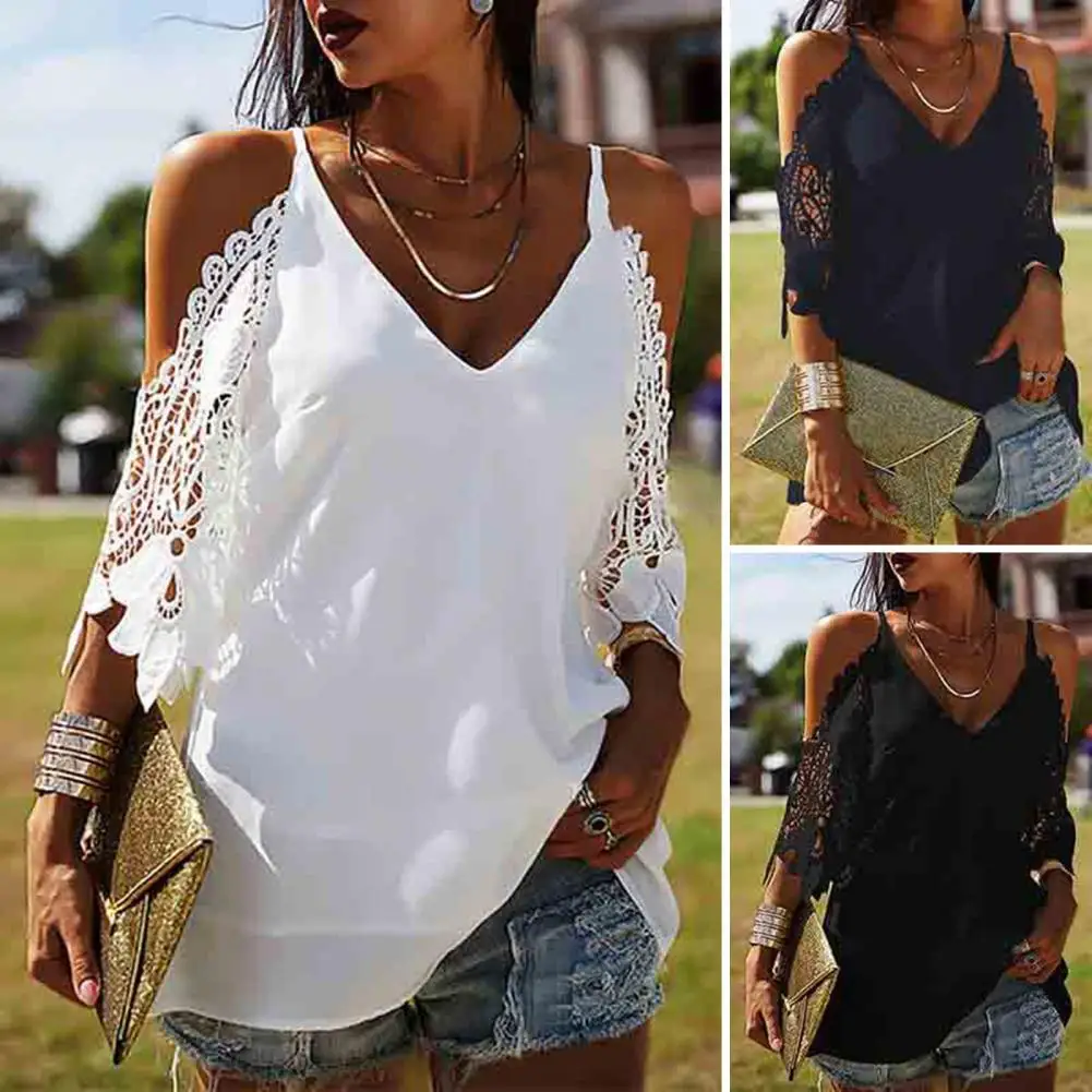 

Women Blouse Lace Patchwork Summer Crochet Off Shoulder T-shirt Streetwear