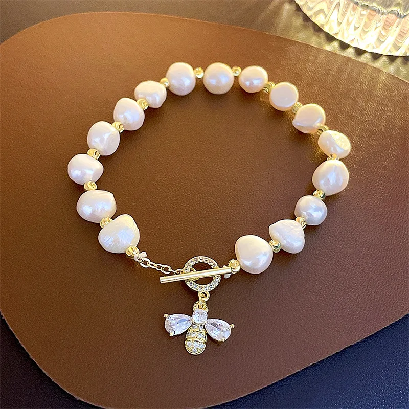 

Rhinestone Zircon Pearl Bee T-Shaped Buckle Bracelet European and American Ins Elegant Bracelet for Women