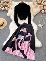 banulin 2021 autumn runway skirt suit women knitted black sweater floral high waist ball gown long maxi skirt 2 piece set