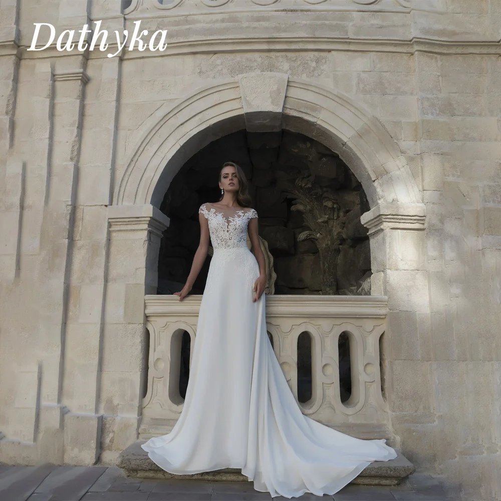 

Dathyka Classic V-Neck Zipper Wedding Dresses Appliques Lace Off The Shoulder Print Sleeveless Floor-Length Sheath Floral