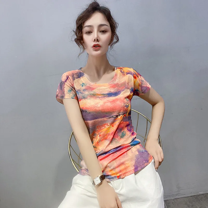 #5226 летняя футболка с принтом Tie Dye Женская винтажная Базовая круглым вырезом