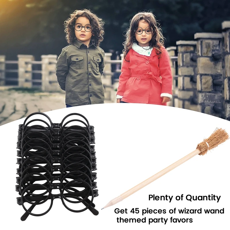 45 Pack Witch Broom Pencils And Wands Round Frame Glasses Festive Props Plastic Wand Theme Party Supplies