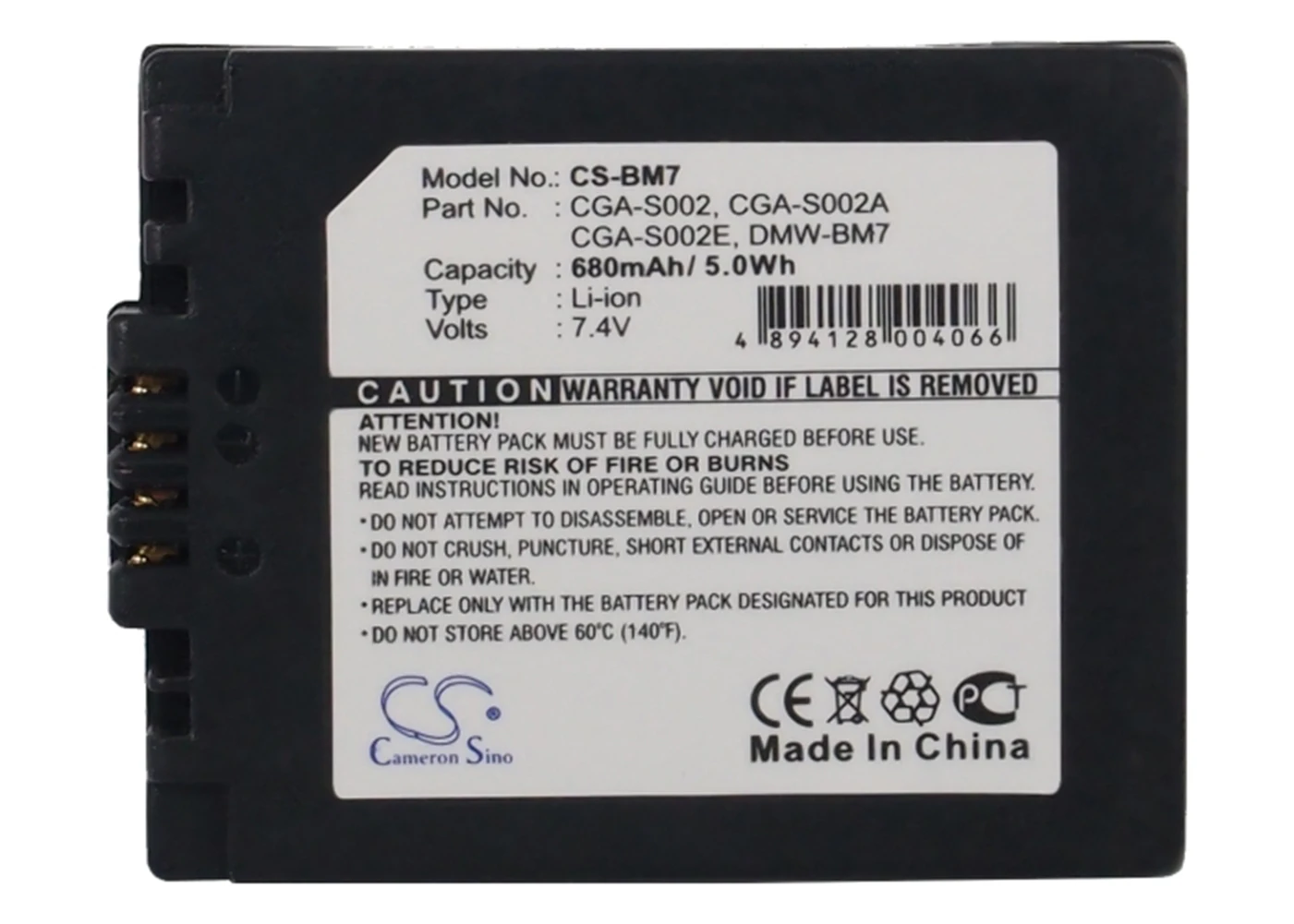 

Cameron Sino 680mA Battery for Panasonic CGA-S002,CGA-S002A,CGA-S002A/1B,CGA-S002E,CGA-S002E/1B,CGR-S002,CGR-S002E,DMW-BM7