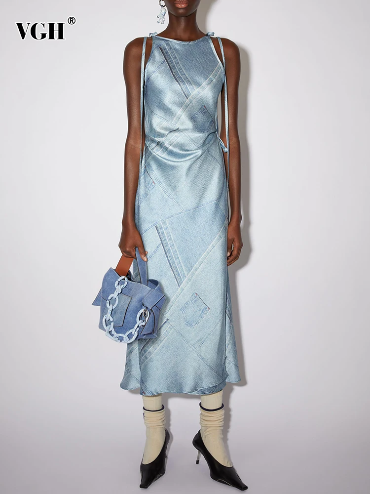 

VGH Irregular Print Colorblock Denim Dress For Women Square Collar Sleeveless Lace Up High Waist Loose Long Dresses Female 2022