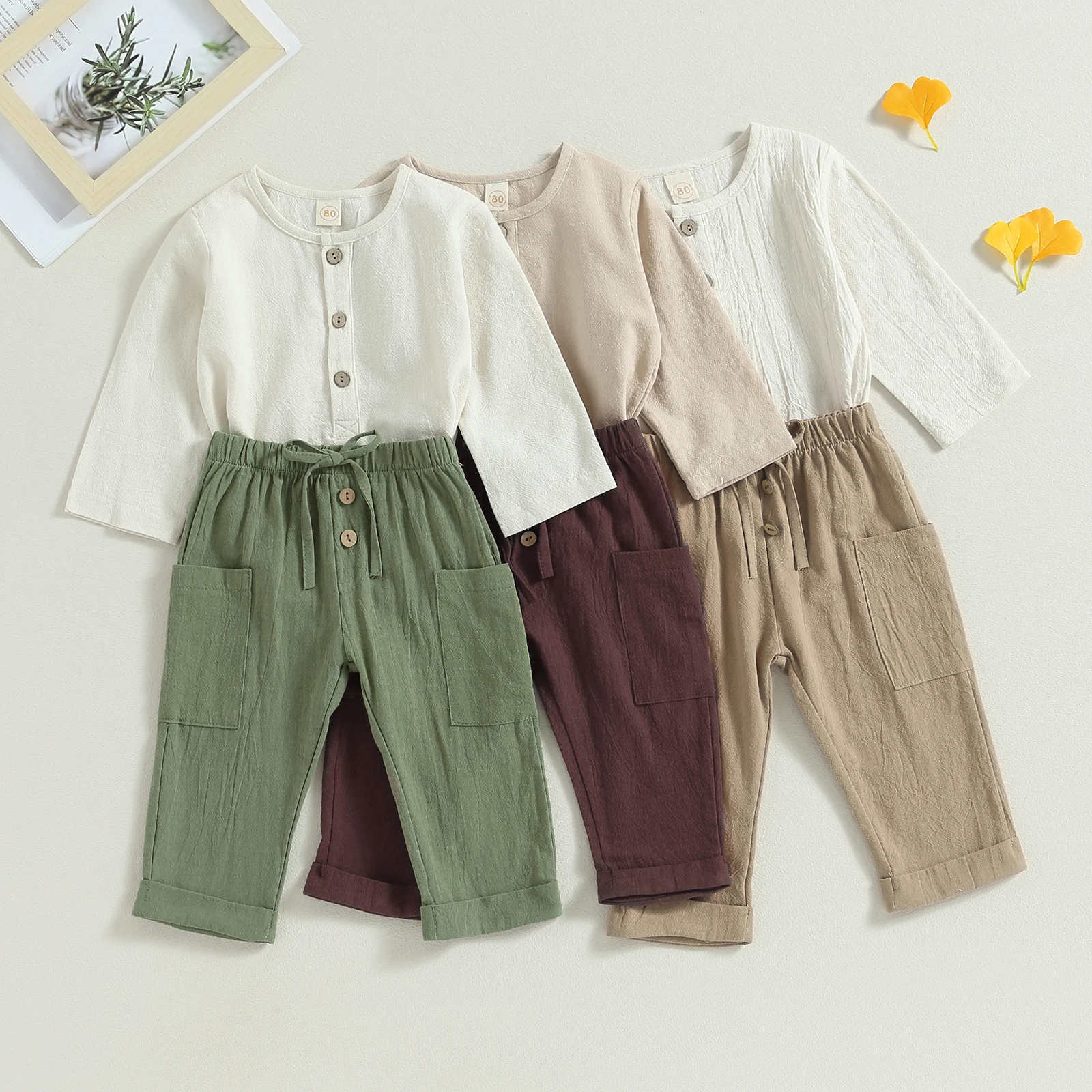 

Mildsown Toddler Boys 2PCS Pants Sets Long Sleeve Button Down Tops and Drawstring Pants Sets