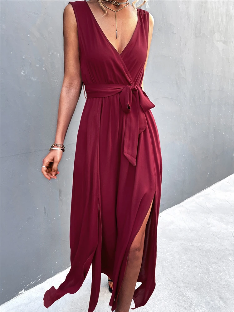 

Solid Bandage Summer Dress 2022 Sexy Sleeveless V-neck Loose Fit Beach Wear Holiday Cross Tie High Waist Split Dresses Vestidos