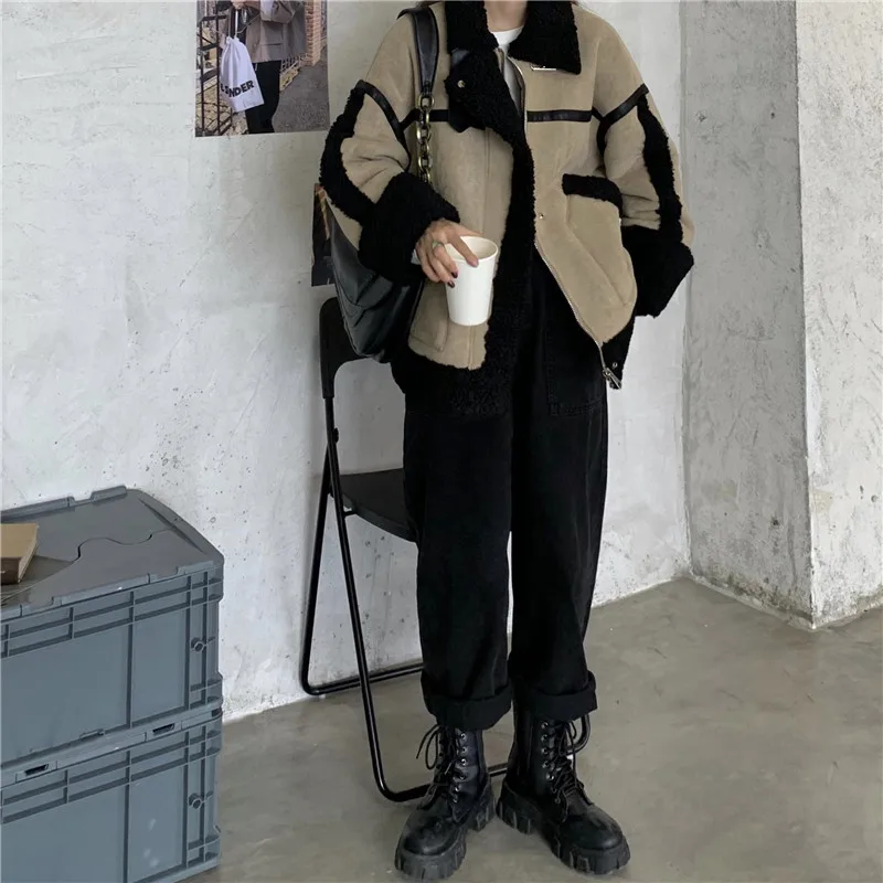 Korea Style Women Winter Loose Thermal Warm Coat Faux Sheepskin Fleece Parkas Streetwear tendy fur jacket loose waist brown top