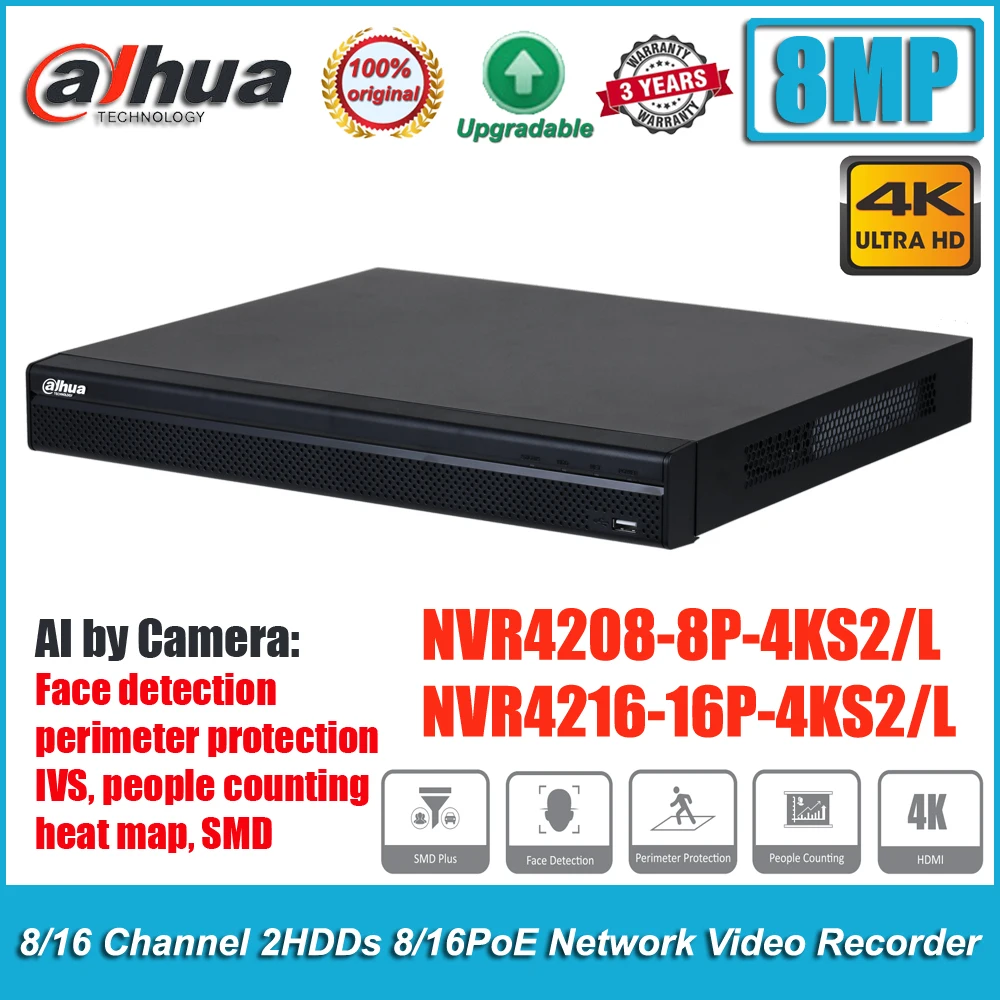 

Оригинальный Сетевой видеорегистратор Dahua NVR4208-8P-4KS2/L 8/16 каналов 1U 8/16PoE 2HDDs 4K IVS NVR4216-16P-4KS2/L
