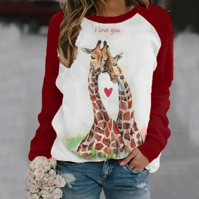 

Winter 2022 New Giraffe Print Round Neck Long Sleeve Top Women's T-shirt Fashion Women's Undershirt Top Base Shirt Women's Shirt