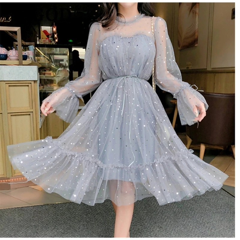 

Spring Autumn New Female O-neck Stars Sequined Mesh Shiny Fairy Dress Women Elegant Bling Gauze Princess Puff Dresses