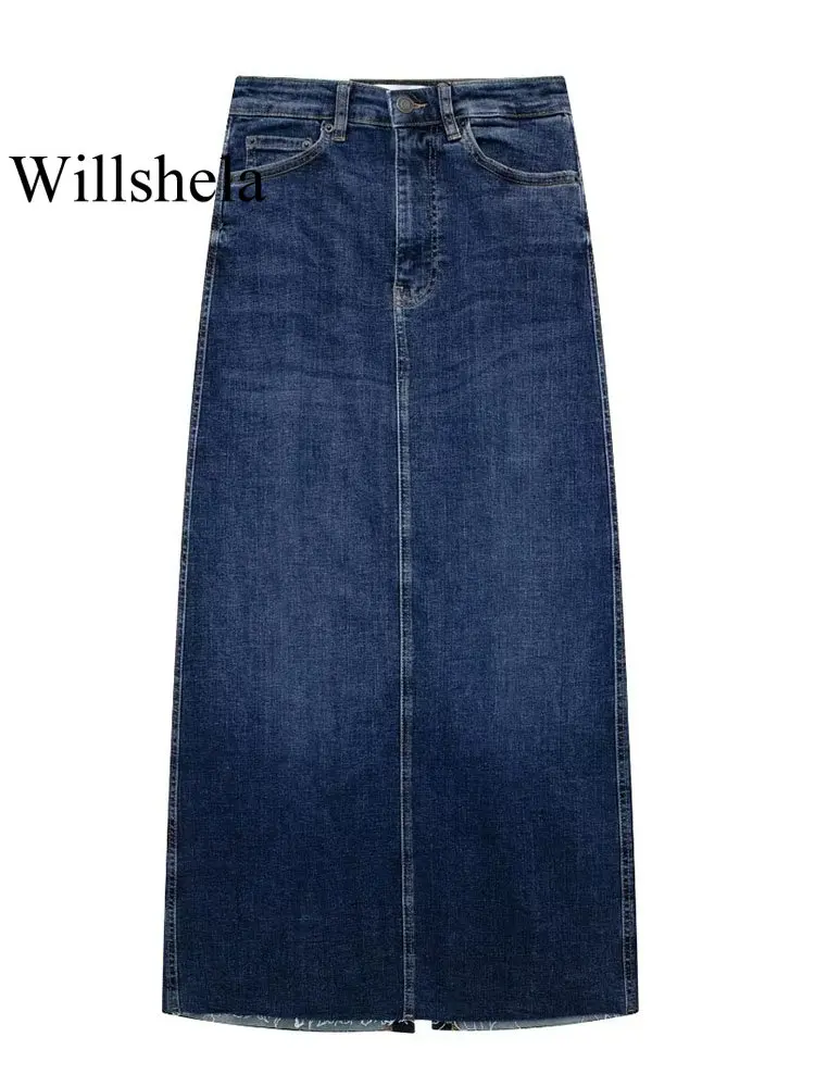 

Willshela Женская модная джинсовая темно-синяя юбка миди с разрезом сзади на молнии спереди винтажная Женская юбка с высокой талией